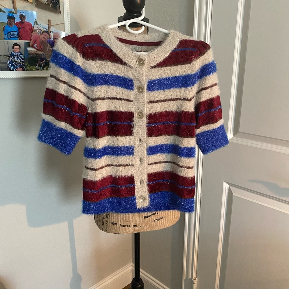 Striped Button-Up Sweater - Red, Blue, and Cream